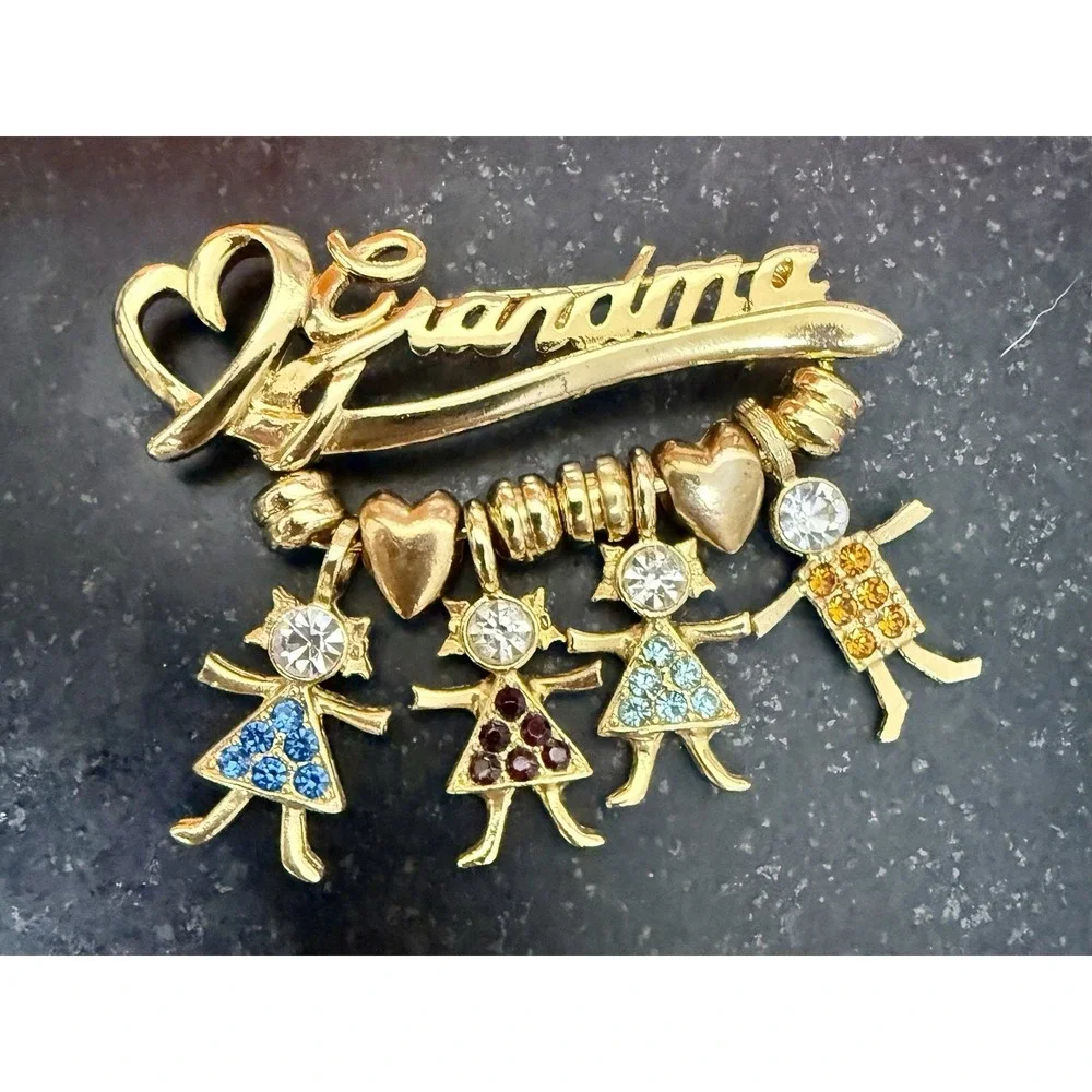 2 Vintage K.I.S. Grandma Gold Tone Brooch Pins Grandchildren Rhinestone Lot